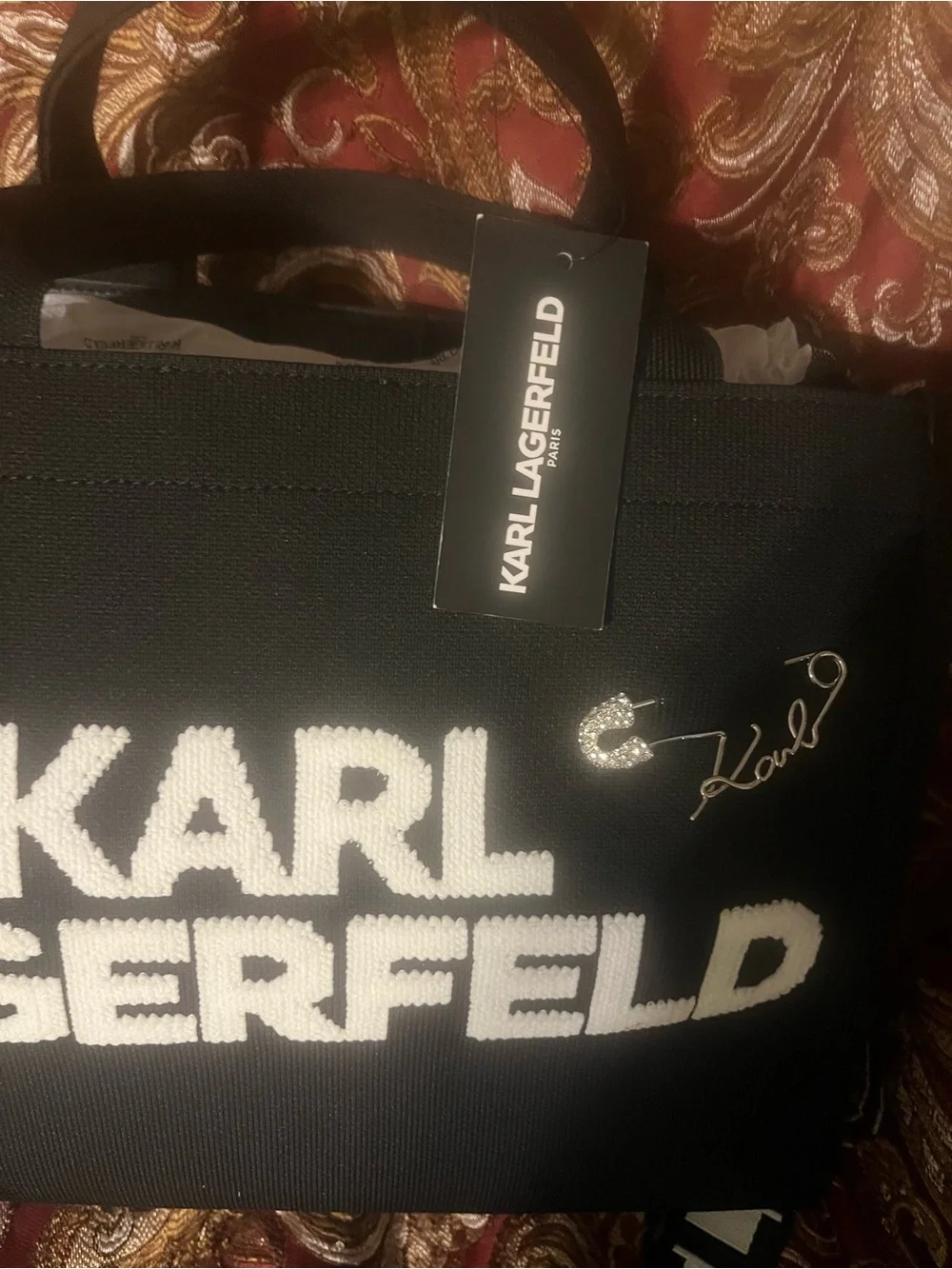 Karl Lagerfeld Black Tote with White Logo and Branded Strap